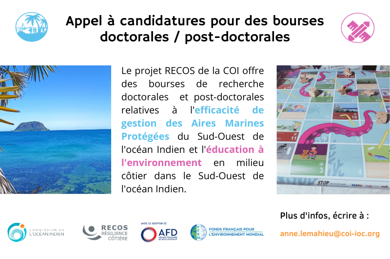 🆕📢Offre de #bourses (post)doctorales en cours

Thèmes de #recherche⤵️

1⃣ #Education à l'#environnement : tinyurl.com/5t2ptscj

2⃣ Efficacité des aires marines protégées : tinyurl.com/yfhh6xv4

💡 Soutenu par <a href="/AFD_France/">Agence Française de #Développement (AFD) 🇫🇷 🇪🇺</a> &amp; <a href="/FFEM_Fr/">Fonds français pour l'environnement mondial (FFEM)</a> via le projet #RECOS #COI