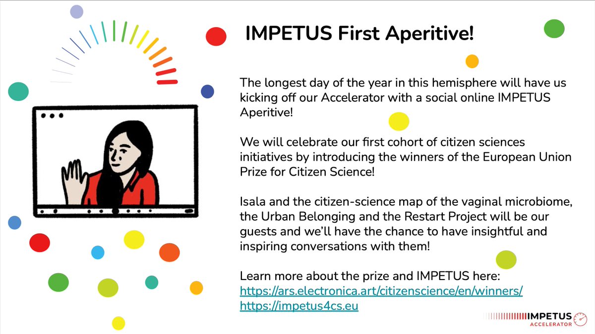 SciencefChange's tweet image. And we are live in our first #IMPETUSAperitive session!

A peer-learning and networking session with the #CitizenScience community!

Today we have the #EUCitizenSciencePrize awardees @isala_UAntwerp @RestartProject #UrbanBelonging