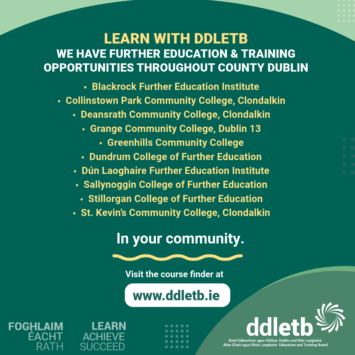 Opportunities!

In response to the cost of living crisis, we are implementing a significant reduction in fees for all domestic students undertaking a Post Leaving Cert (PLC) course in the upcoming academic year 2023 - 2024. 

Visit the course finder at ddletb.ie