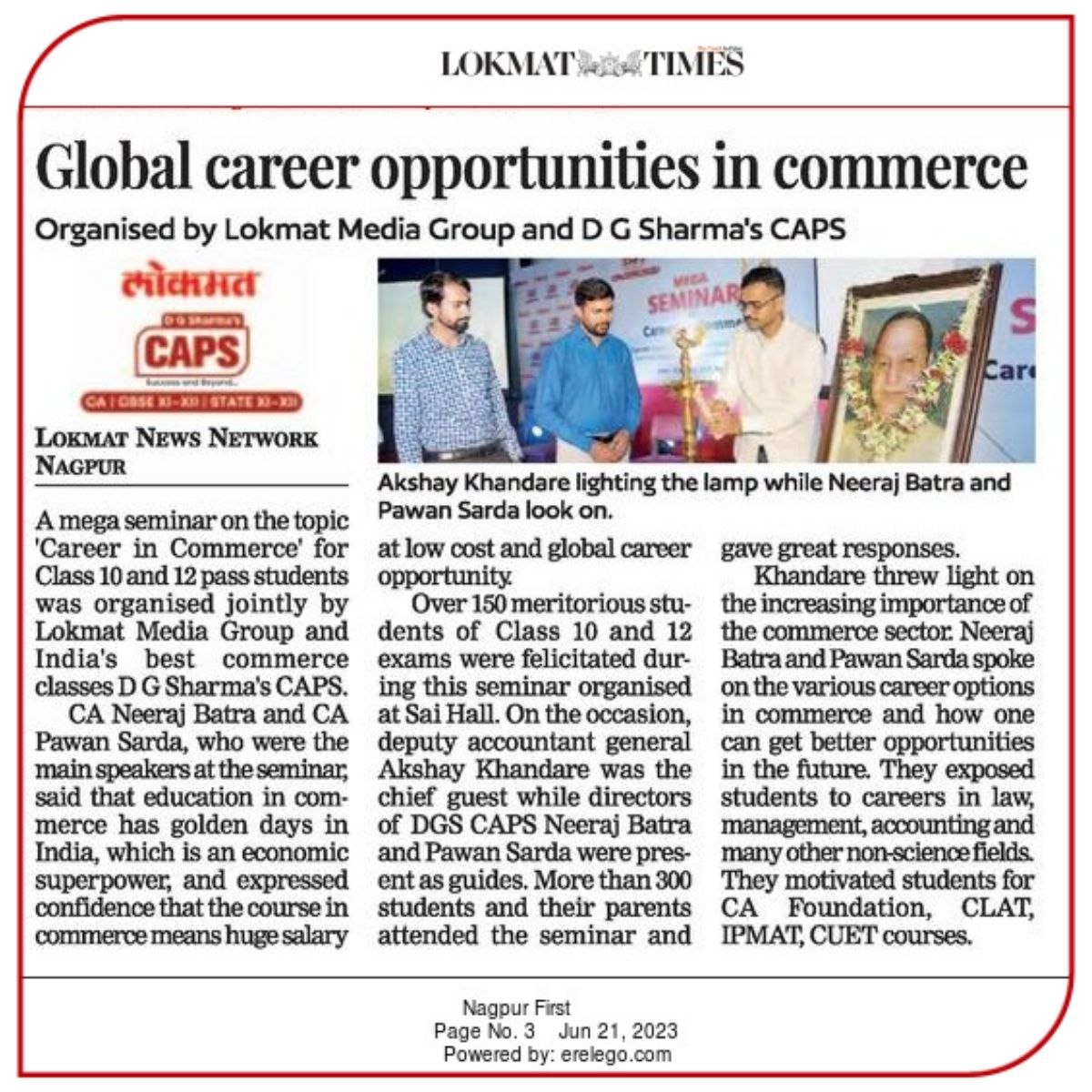 DGS CAPS along with Lokmat Group organized  Free Mega Seminar on “Careers in Commerce” & Student Felicitation. 
.
.
#capslearning #caps #dgscaps #dgsharmascaps #capslearningnagpur #seminar #careeroncommerce #career #felicitation #commerce #careerpath #lokmat