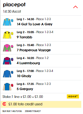 Ascot placepot is free today if you have a Tote account.