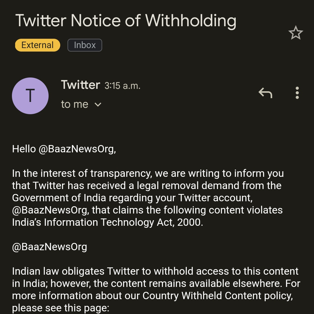 BREAKING | The Govt of India has sent Twitter a legal removal demand in order to censor Baaz in India. No specific violation has been cited in the notice. We continue to freely operate outside India.

India ranks 161 on the <a href="/RSF_inter/">RSF</a> Press Freedom Index, between Afghanistan and