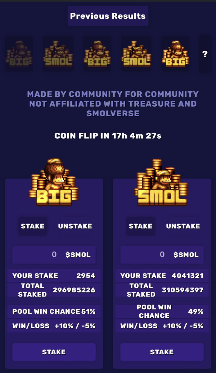 Flip #56
Big 55% chance to win
Smol 45% chance to win

💰Big wins! LFG! Now that all the dragons are revealed, wanna see a loot box?

Congratulations to the winners!
Next Flip #57 chance now:
Big 51%
Smol 49%