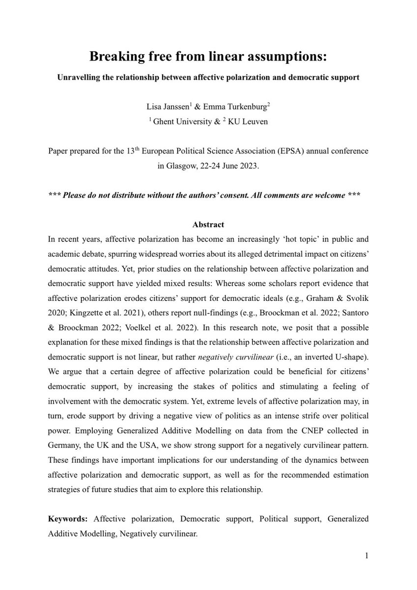 lisajnssn's tweet image. On my way to Glasgow for #EPSA2023 @europsa, where I will present the first chapter of my dissertation together with @turkenburgemma . We wrote a research note on the non-linear relationship between affective polarization and citizens’ democratic support.