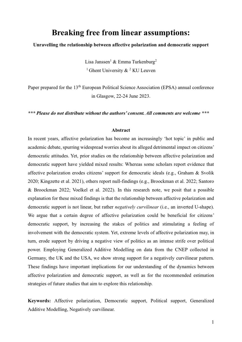 On my way to Glasgow for #EPSA2023 @europsa, where I will present the first chapter of my dissertation together with @turkenburgemma . We wrote a research note on the non-linear relationship between affective polarization and citizens’ democratic support.