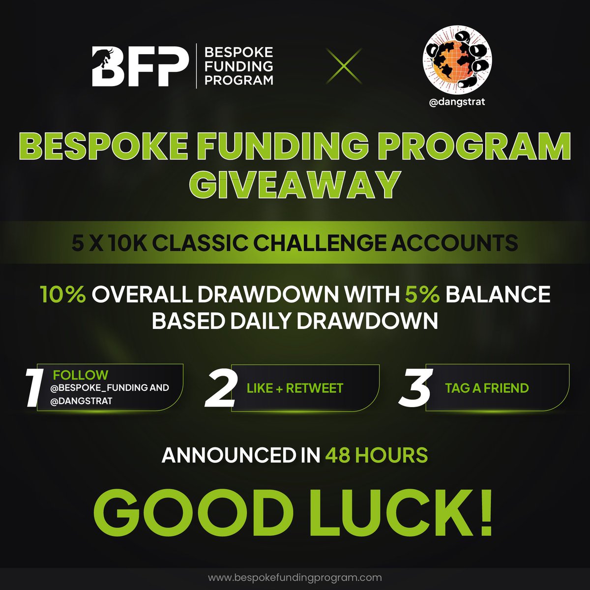 Dangstrat's tweet photo. 🚨GIVEAWAY ALERT🚨

I’m giving 5 x 10k Classic Challenge Accounts with @Bespoke_Funding!

To participate in the giveaway you must follow these steps:

1. Follow @Dangstrat and @Bespoke_Funding 
2. Like + Retweet this post
3. Tag a friend

Good Luck Traders🧡 https://t.co/FBEFHR53Yd