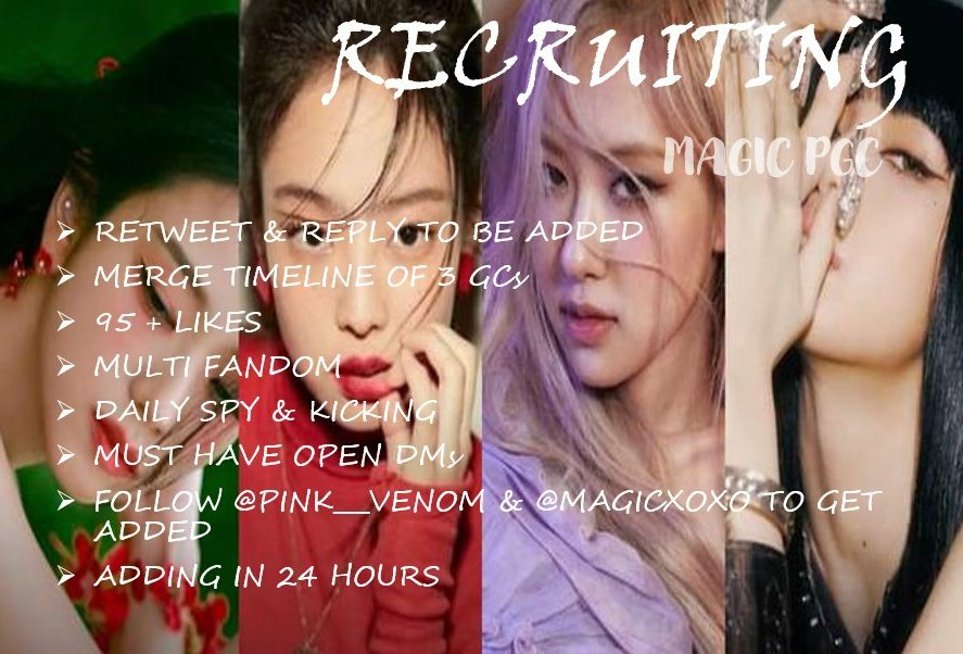❄️ MAGIC PAYOLA IS RECRUITING ❄️

• retweet & reply to be added
• merge timeline of 2️⃣ GCs
• 95+ LIKE 
• multi fandom  
• daily spy and kicking
• must have open dm
• follow @PINK___VENOM & @magicmoxo to get add
• adding in 24 hours