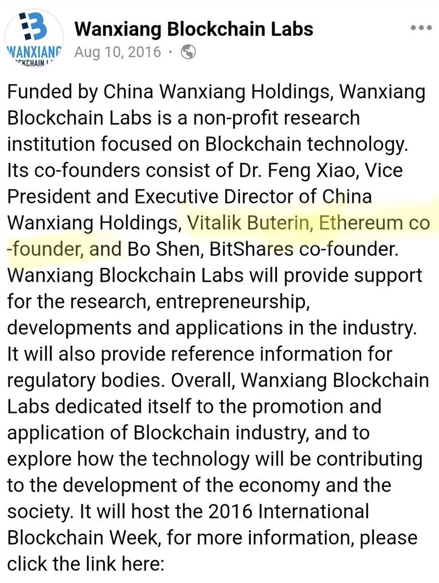 Ethereum co-founder <a href="/VitalikButerin/">vitalik.eth</a> is listed as a co-founder of <a href="/WXblockchain/">Wanxiang Blockchain</a>, a part owner of <a href="/PrometheumInc/">Prometheum</a> which was recently given rights to operate a #crypto exchange in the U.S. Other filings show Buterin is also Chief Scientist at Wanxiang Blockchain Labs.