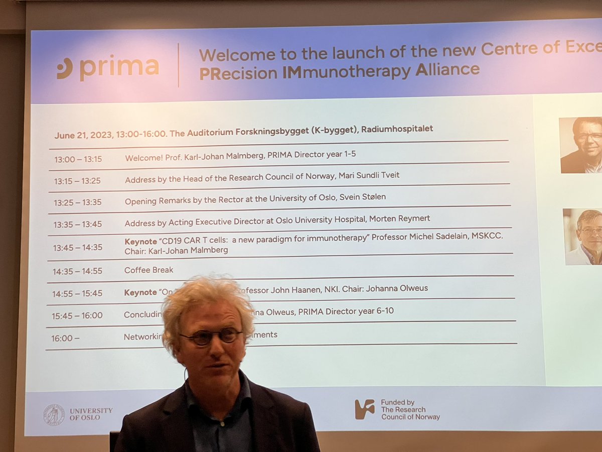 KjetilTasken's tweet image. Official opening and kick-off of the #PrecisionImmunotherapyAlliance - #PRIMA Centre of Excellence by @forskningsradet! Congratulations from the ICR @Oslounivsykehus. @UniOslo @MalmbergLab @JOlweus @F_Lund_Johansen @myklebust_june @AndersenJT #LudvigAMunthe #EmmaHaapaniemi