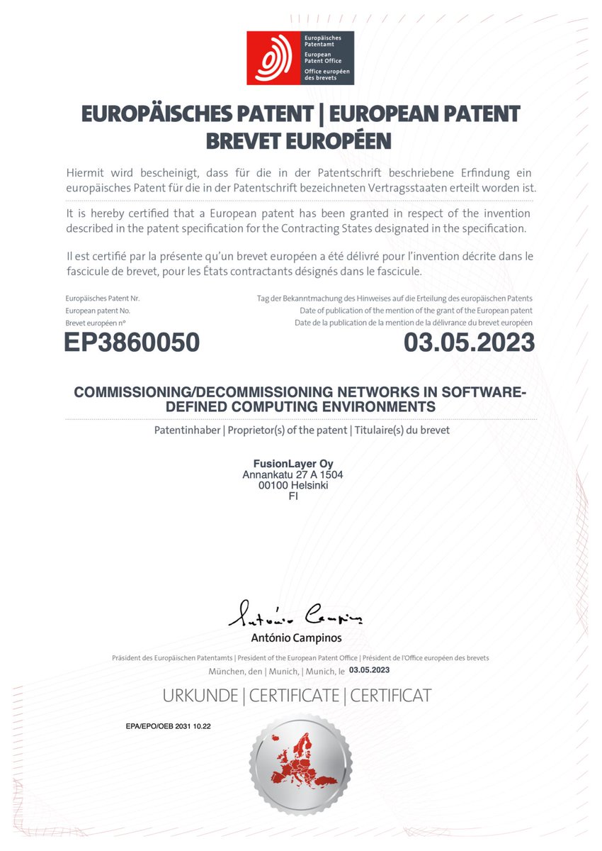 FusionLayer was just awarded a new European patent on #networkautomation and #naas. An excellent addition to our already strong patent portfolio with 30+ assets globally. The future of #networks is here. AT SCALE. WITH EASE.
#edgecloud #private5g #vran #openran #metaverse #5g