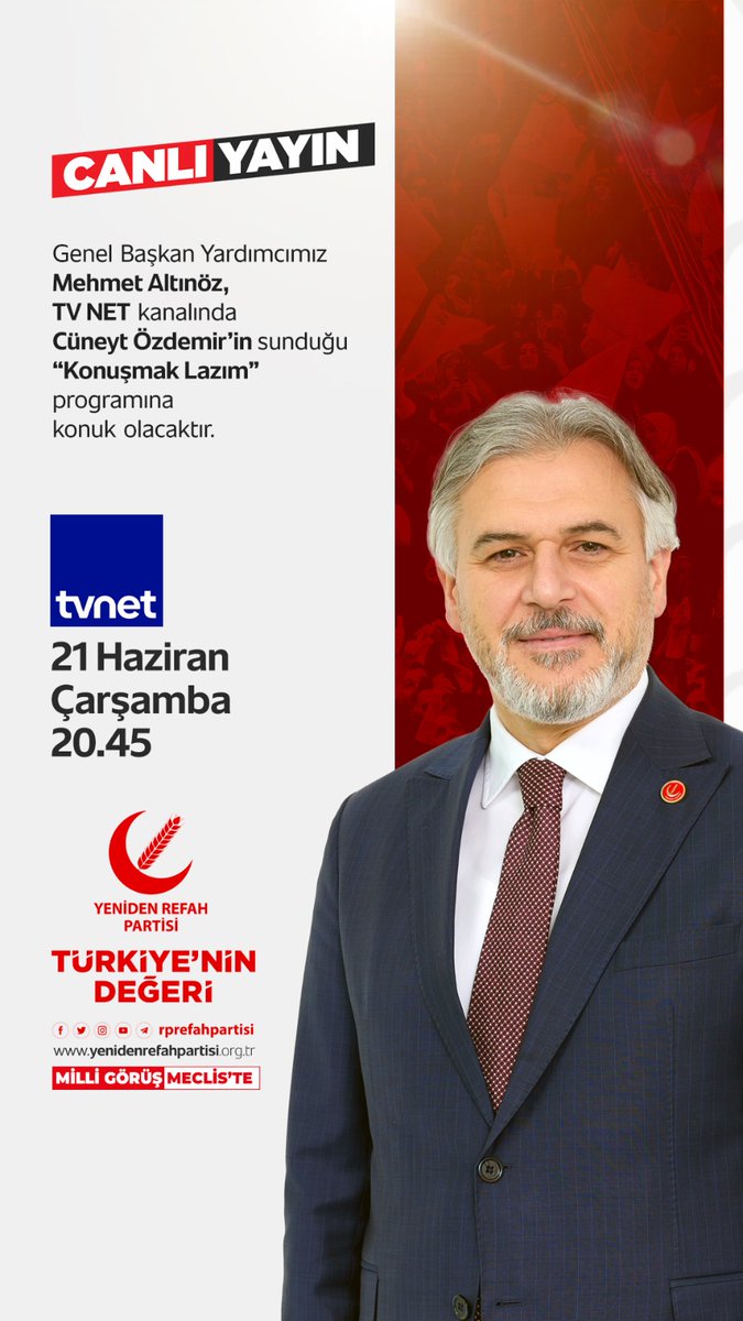Genel Başkan Yardımcımız Mehmet Altınöz, TV NET (<a href="/tvnet/">TVNET</a>) kanalında Cüneyt Özdemir’in (<a href="/cuneytozdemirtv/">Cüneyt Özdemir🇹🇷</a>) sunduğu #KonuşmakLazım programına konuk olacaktır.