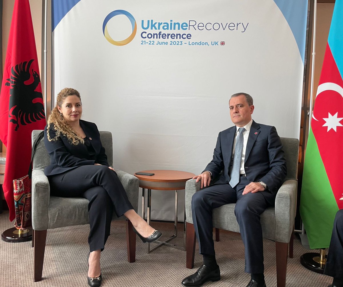 Pleased to meet w/ dear colleague and friend @xhacka_olta, Foreign Minister of #Albania on the sidelines of #UkraineRecoveryConference. 

We had a chance to review the current status of 🇦🇿-🇦🇱 bilateral cooperation & elaborate on prospects for its development. @AlbanianDiplo