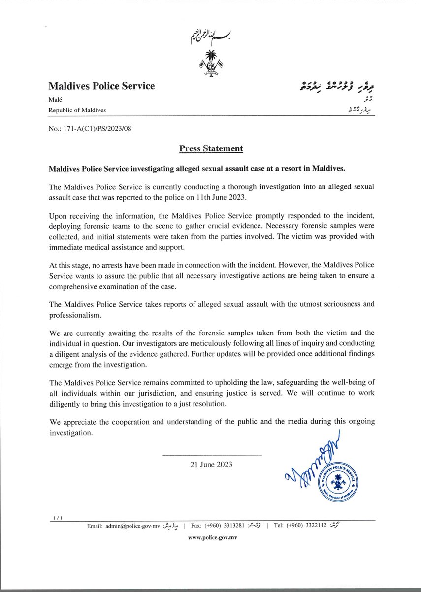 PoliceMv's tweet photo. #MPSPressStatement: 171-A(C1)/PS/2023/08 - Regarding the alleged case of sexual assault that occurred at a resort in Maldives. https://t.co/Hsqma7jHox
#mpsnoosbayaan https://t.co/wdC0JFXuMe