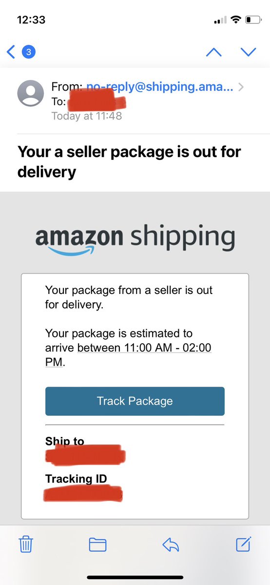 miillsy's tweet photo. @AmazonHelp Hi, I’ve received an email and text and I can’t tell if it’s genuine - it’s saying something is shipped and it’s got my town name right so concerning if it’s fake and knows my town, mobile number and email. Can you confirm if genuine? https://t.co/L6y7RQaDRv