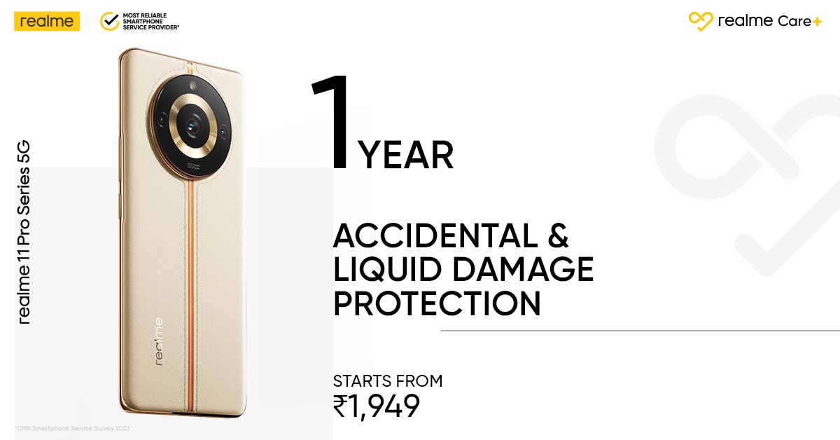 realmeIndia's tweet photo. Did water spill over your smartphone? Worry not! realme's 1-Year Accidental &amp; Liquid Damage Protection is here to save you, starting at ₹1949.

#realmeCare+ #WeCareForReal #realme11ProSeries5G

Know more: https://t.co/OBoti96RsV https://t.co/wuVBwpIezo