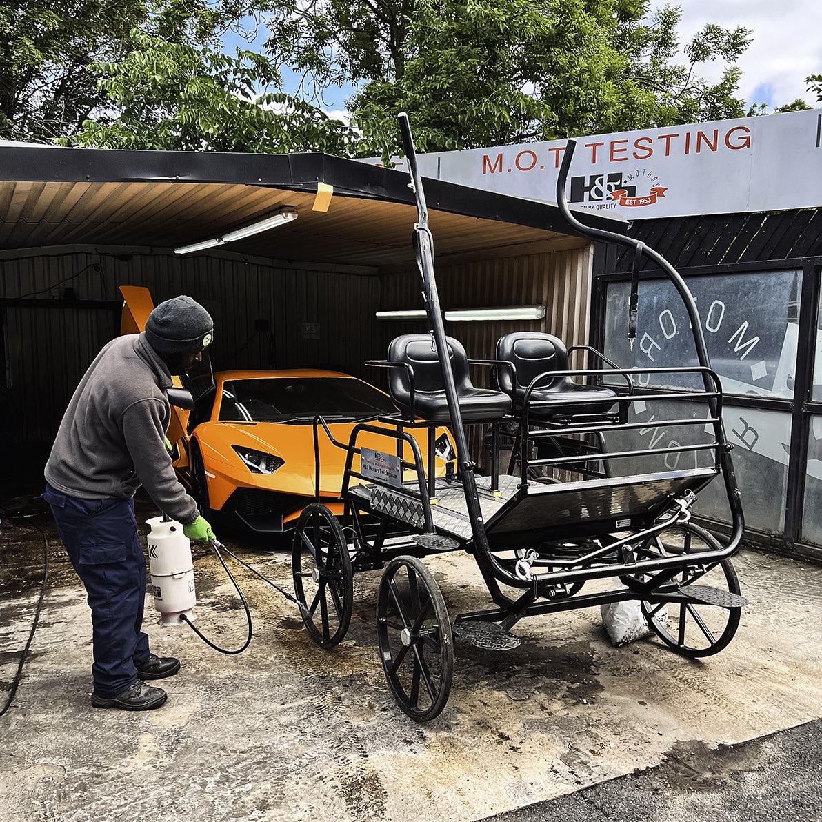 Park Lane Stables is a charity very close to our hearts, and one of their vital pieces of equipment is the carriage.When it came to us for a service we left no stone unturned to get it back on the road in under 24 hours. 
<a href="/ParkLaneStables/">Park Lane Stables</a> 
#HorseCarriage #HandLMotors #Lamborghini