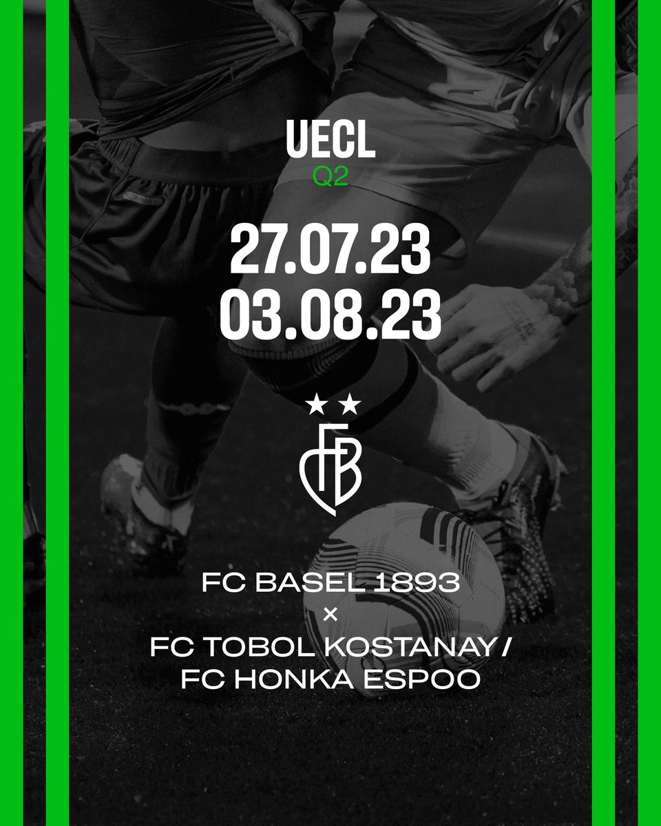 🏆 🇪🇺 | #UECLdraw

We have been drawn to play against Tobol Kostanay 🇰🇿 or FC Honka 🇫🇮 in 𝐐𝐑𝟐 of the 𝟐𝟑/𝟐𝟒 @europacnfleague.

The first leg will take place at home (27.07) with the return leg in Kazakhstan or Finland (03.08). 

#FCBasel1893 #MirSinBasel