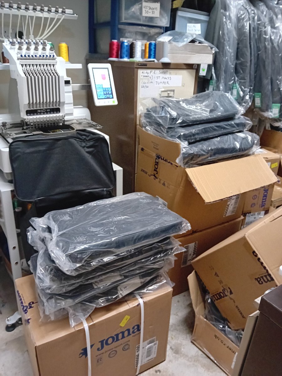 Wow, what a week. 4 full kits and 70 kit bags to embroider and print and 170 trophies to assemble. A sincere thank you to my absolutely amazing staff who help pull it all off and the wonderful teams who support us.  💙 💛❤️Not much room to manoeuvre out the back at the moment  😆