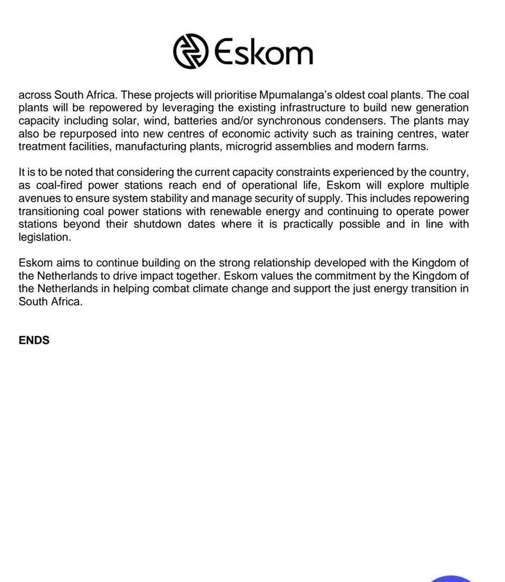 #Eskom #MediaStatement 

Eskom and the Kingdom of the Netherlands sign letter of intent to collaborate on the development and implementation of ‘Just’ initiatives to support job creation and community upliftment around Grootvlei Power Station