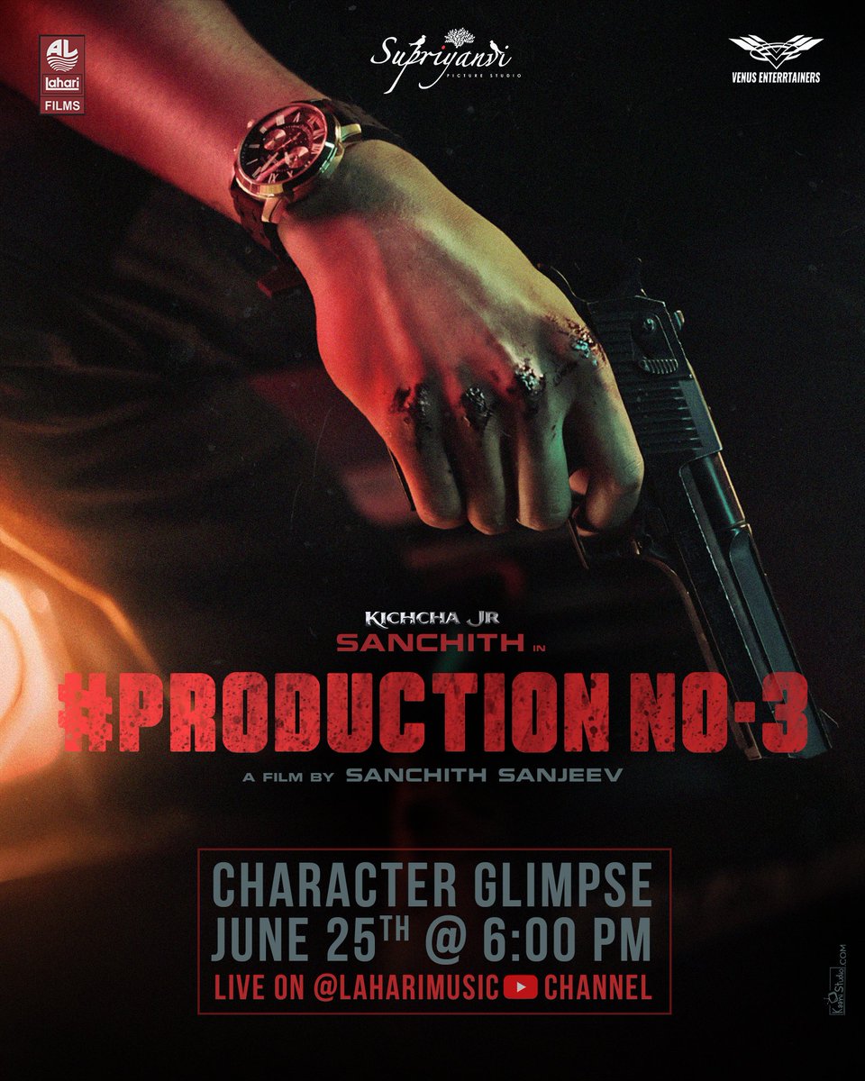 Best wishes Always ! 
Kichcha Jr @sanchithsanjeev in #ProductionNo3😍
✨'Character Glimpse' ✨On June 25th @ 6:00 PM 🤩
@laharifilms #GManoharan @Kp_sreekanth @iampriya06 @SupriyanviPicS @kaanistudio @shivakumarart @vasukivaibhav