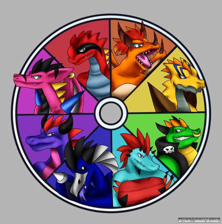 kurtis_defender's tweet image. I did the drawing colour wheel with my own characters. 
I have so many characters of every colours,  I had so many choices !
My characters here are from red to pink : Trile, Lengar , Kayro , Croker, Krafter, Nili , Vrayaz and Dragonman.
#colorchallenge #scaly #art #ocs #drawing