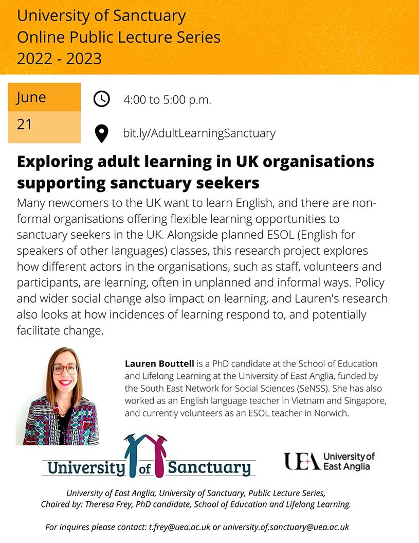 Join us today to hear @UEA PhD student, @LaurenBouttell talk about her fascinating research into adult learning in UK organisations supporting those seeking sanctuary. No need to pre-book, please follow this link at 4pm today- bit.ly/AdultLearningS…