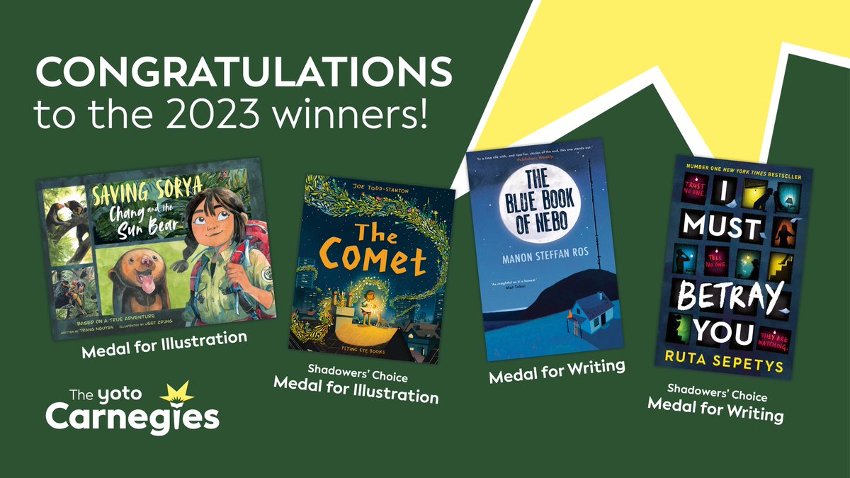 🎉 Congratulations to the 2023 Winners of the Yoto Carnegie Medals for Writing and Illustration, and Shadowers' Choice Medals <a href="/CarnegieMedals/">The Carnegies</a>: Jeet Zdung, <a href="/ManonSteffanRos/">Manon Steffan Ros</a>, @JoeToddStanton and <a href="/RutaSepetys/">Ruta Sepetys Updates</a>! #YotoCarnegies23 Read the press release: yotocarnegies.co.uk/2023-winners-a…