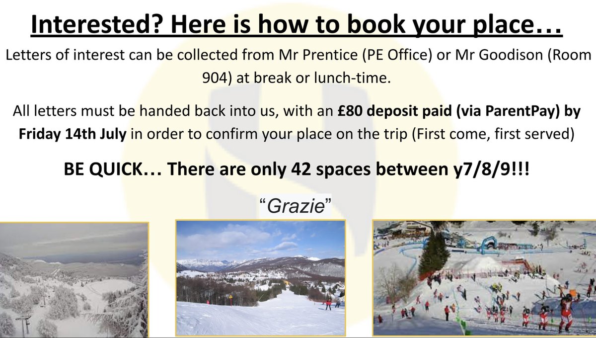 HolyheadPE's tweet image. The launch of the first ever @holyhead_school Ski Trip has begun this week in y7/8/9 assembly. Letters are available from Mr Prentice &amp;amp; Mr Goodison!
On Monday 26th at 16:30pm (in the library) there will be an information evening for those interested or want more details! 
🇮🇹 🎿