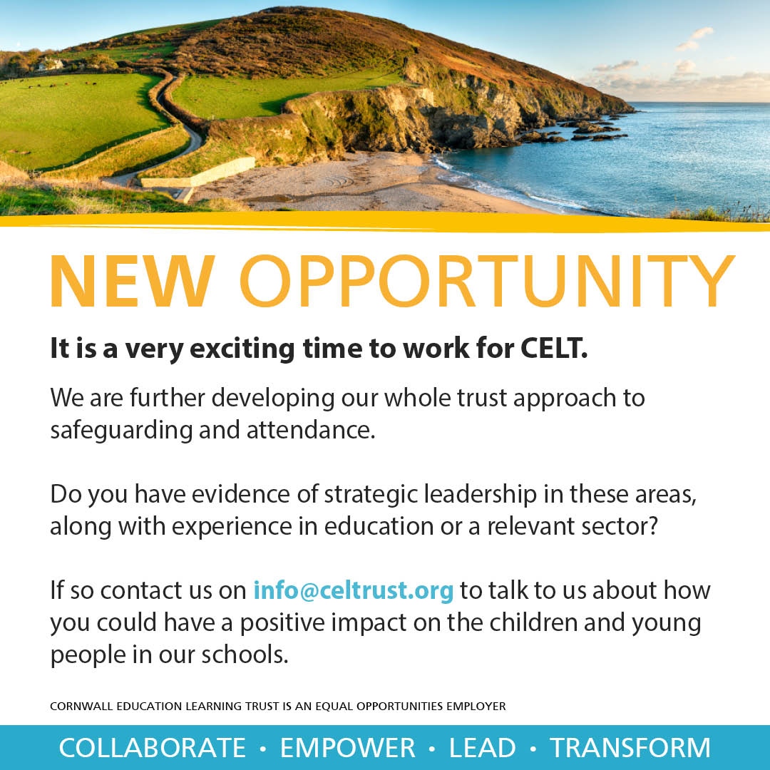 If you have demonstrable experience in safeguarding and attendance, we'd love to talk to you about an exciting new opportunity within our trust. ⁠Email: info@celtrust.org⁠
⁠
#CeltTrust #Cornwall #EduJobs #WeAreCelt #CornwallJobs #LearningTogether⁠ #CornwallSchools