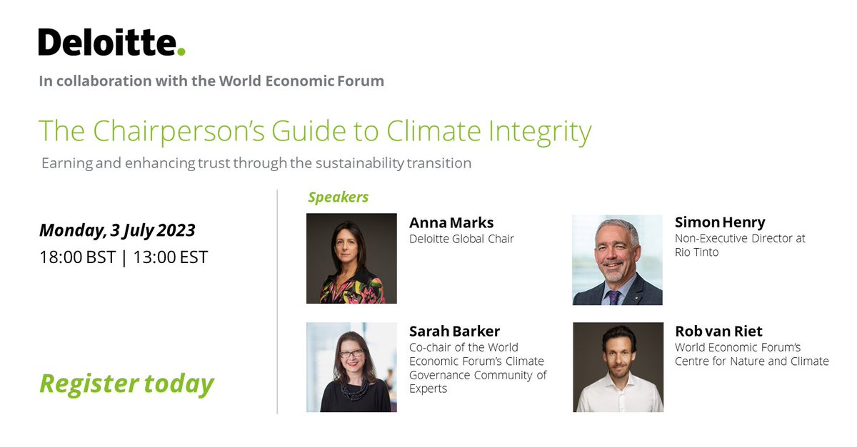 Join <a href="/AnnaMarksUK/">Anna Marks</a>, Simon Henry, Sarah Barker, Rob van Riet, John O’Brien, and me at #LCAW2023 where we'll be diving into how boards can drive shareholder value, build trust and stay resilient when they act with #ClimateIntegrity. Register here: deloitte.zoom.us/webinar/regist…