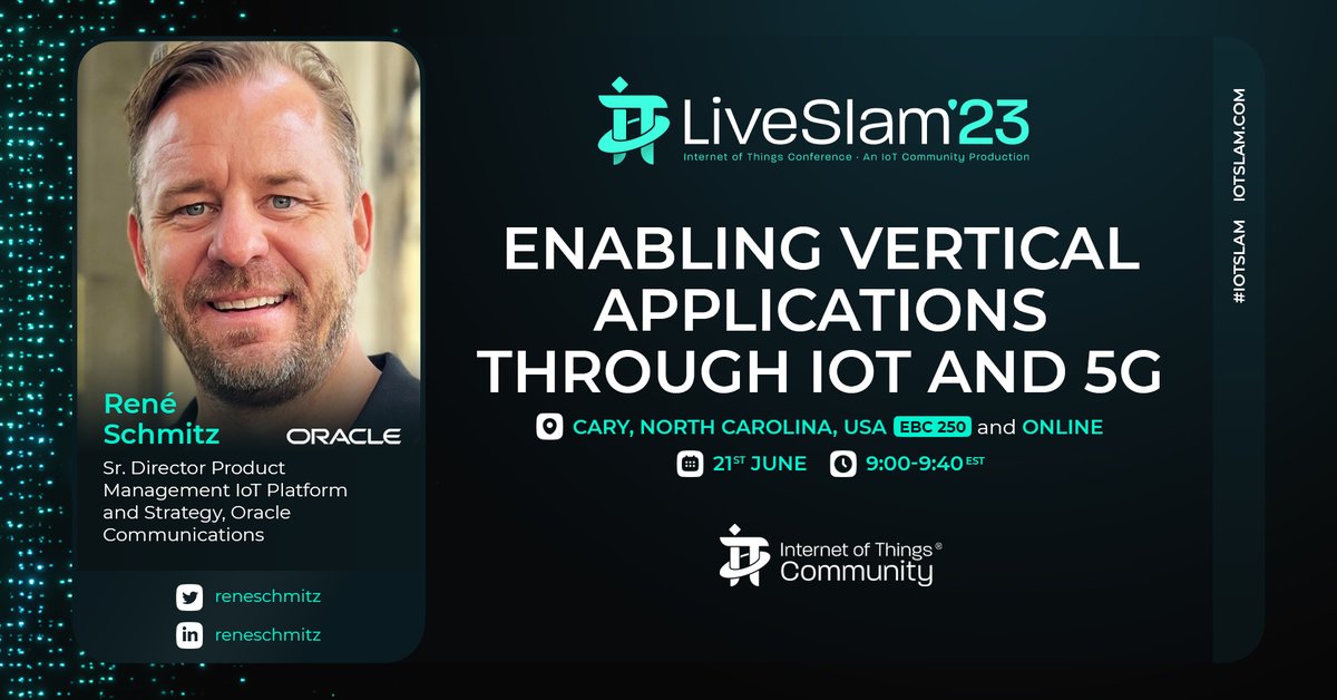 Live in 15 mins, <a href="/IoTCommunity/">IoT Community®</a> IoT Slam Live Day One Headline Keynote: Enabling vertical applications through IoT and 5G, hosted by <a href="/Oracle/">Oracle</a> <a href="/reneschmitz/">René Schmitz</a>
June 21st, LIVE from <a href="/SASsoftware/">SAS Software</a> HQ, Cary, North Carolina
linkedin.com/events/7063854…
#IoTCommunity #IoTSlam #IoT