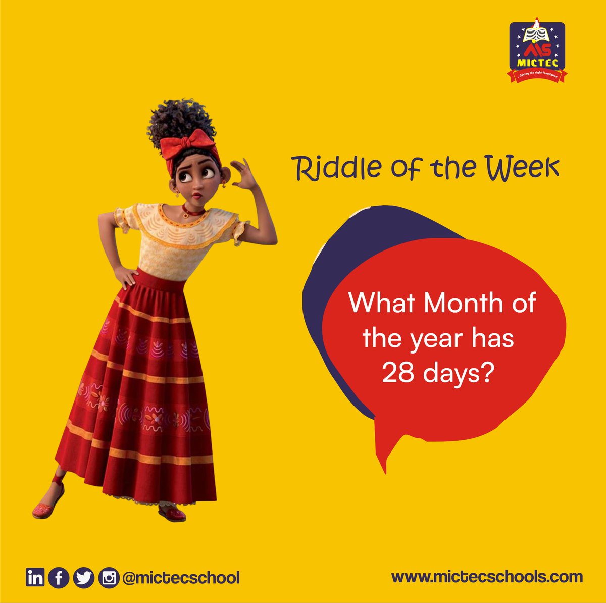 Riddle of the Week
Feel free to leave your answers at the comment section.
Thank you
#Mictecinternationalschools #Mictec #internationalschools
#schools #international #Books #Mictecinternationalschools #Ogudu #educationaltools
#education #exam #backtoschool #schoolstyle #Math