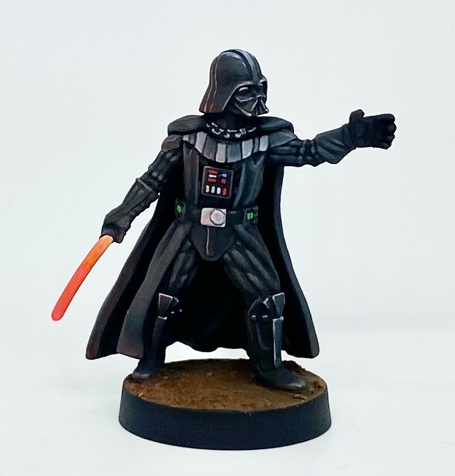 Vader is done. Twice. Second pic (first attempt) washed out the OSL and highlights were too stark. So I went back in, fixed the highlights a bit and reinforced the red OSL. #StarWars #starwarslegion #minipainting