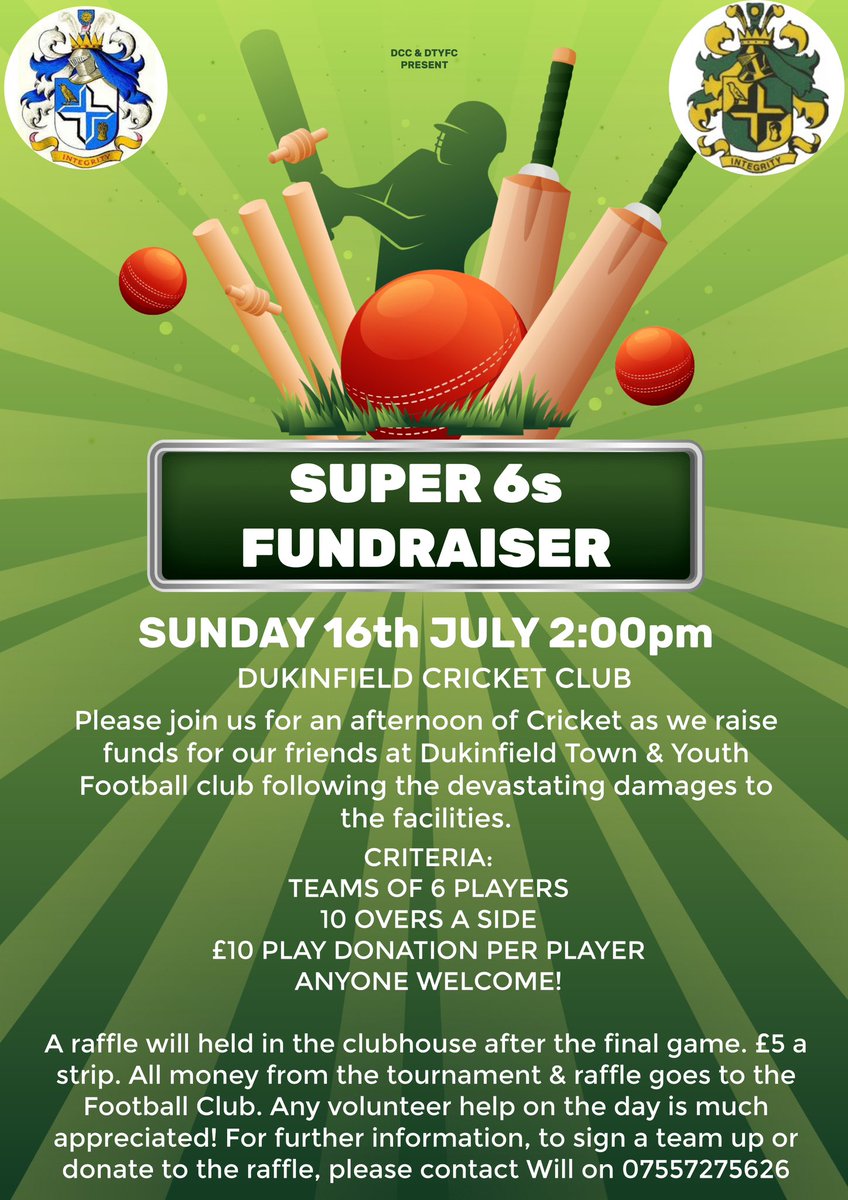 Dukinfield Cricket (@dcc1870) on Twitter photo Super 6s fundraiser for our friends <a href="/DukiTownYouthFC/">Dukinfield Town & Youth FC</a>🏏🏆 🍻
If you are interested in playing, donating raffle prizes or helping out on the day please DM or message Will on 07557275626 Super 6s fundraiser for our friends <a href="/DukiTownYouthFC/">Dukinfield Town & Youth FC</a>🏏🏆 🍻
If you are interested in playing, donating raffle prizes or helping out on the day please DM or message Will on 07557275626