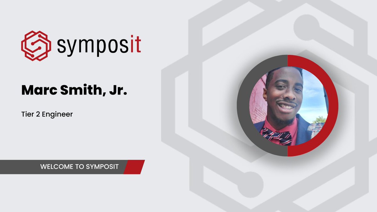 Please (Re)Welcome #NewHire Marc Smith, Jr., to our growing Symposit team! 
Marc was a Help Desk employee a few years ago; we're excited to have him return as a Tier 2 Engineer, bringing back his enthusiasm, hard work, and new skills. #newemployee #welcometotheteam #ITSupport