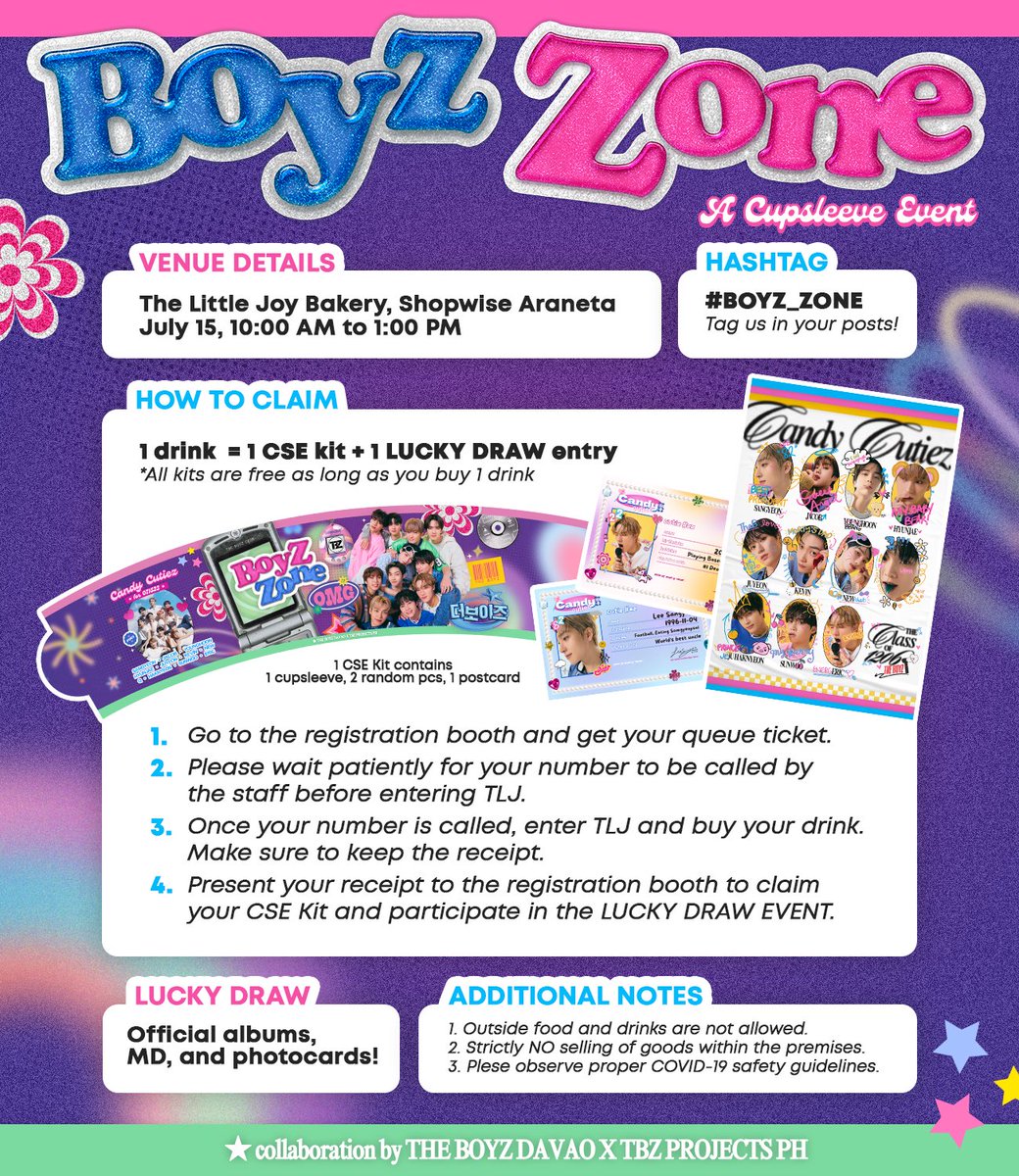 tbzprojectsph's tweet photo. Calling all Candy Cutiez! 🍬 Enter the #BOYZ_ZONE this July 15 at The Little Joy Bakery! 

Buy a drink and you'll get 1 cupsleeve kit &amp;  a lucky draw entry!

More details below. Don't forget to tag @TheBoyzDavao &amp; @tbzprojectsph in your posts! See ya there 💖 #ZENERATION_MNL https://t.co/uuvmQS4sNd