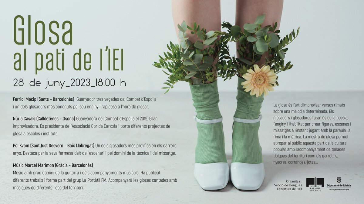IEILleida's tweet photo. Mostra de glosa a l’IEI
La glosa és l’art d’improvisar versos rimats sobre una melodia determinada.
📅 Dimecres, 28 de juny
🕕 18 h
📍Pati IEI
#ieilleida #glosa #catalunya #garrotins #nyacres #corrandes #jotes https://t.co/KHq3kcfhPe