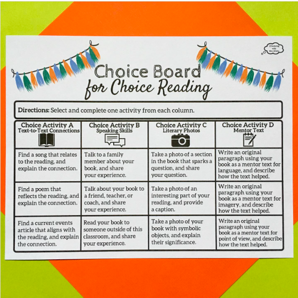 teacher2teacher's tweet photo. From "text-to-text connections" to "literary photos," T Jillian Watto uses each column on this choice board to foster a specific reading skill in her classroom – but it's up to Ss to decide how to pursue them! 

#TeacherTwitter #edchat #EduTwitter https://t.co/EzB2vW9AZU