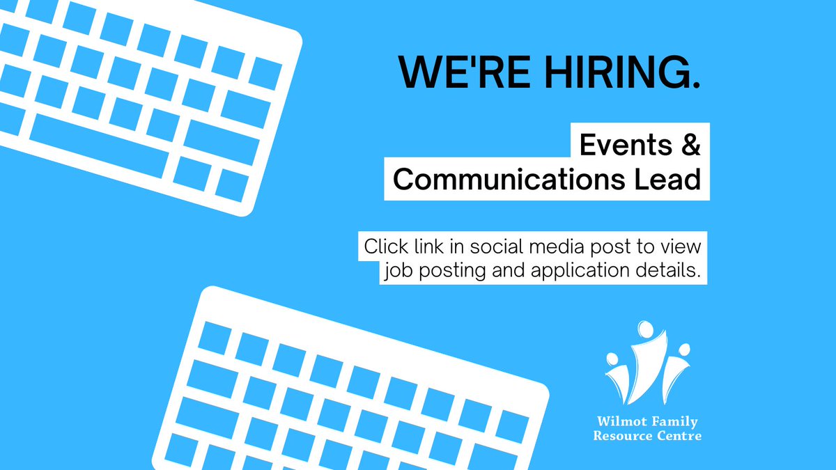 Wilmot Family Resource Centre is currently hiring a part-time Events &amp; Communications Lead for 14-21 hours per week. View the complete job posting by clicking this link:
bit.ly/46c0fhG #jobposting #events #communications #marketing #fundraising #wfrc #wilmot #wellesley