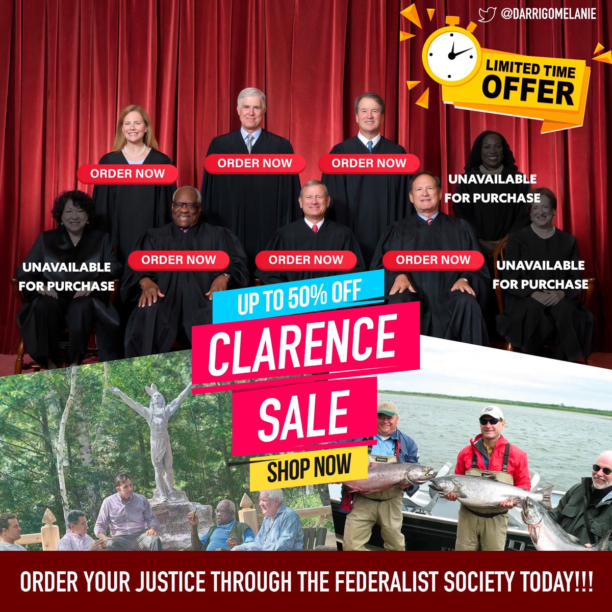 DarrigoMelanie's tweet photo. 🚨CLARENCE SALE!!!

💸 SUPREME COURT JUSTICES 50% OFF!

SCOTUS has ruled in YOUR favor by not reporting bribes or dark money donors!

GET YOURS TODAY BEFORE YOUR CASE IS HEARD!

ACT NOW before they #ExpandTheCourt and impose necessary ethics rules to end the unchecked corruption! https://t.co/RtLGNpat2J