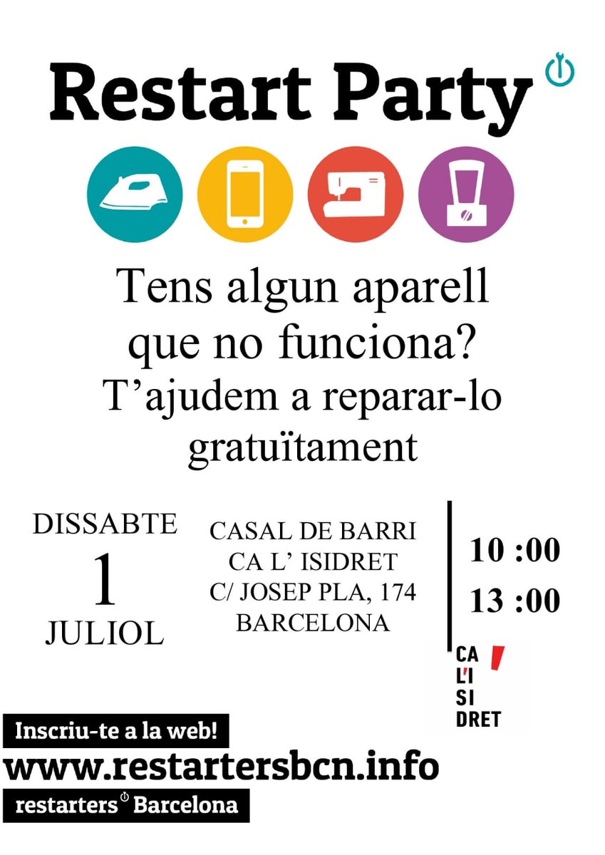 Tornem a <a href="/ccalisidret/">Casal Ca l'Isidret</a> el dissabte 1 de juliol! Inscripcions per la web restartersbcn.info 🛠️🔧🖥️📺👍👍