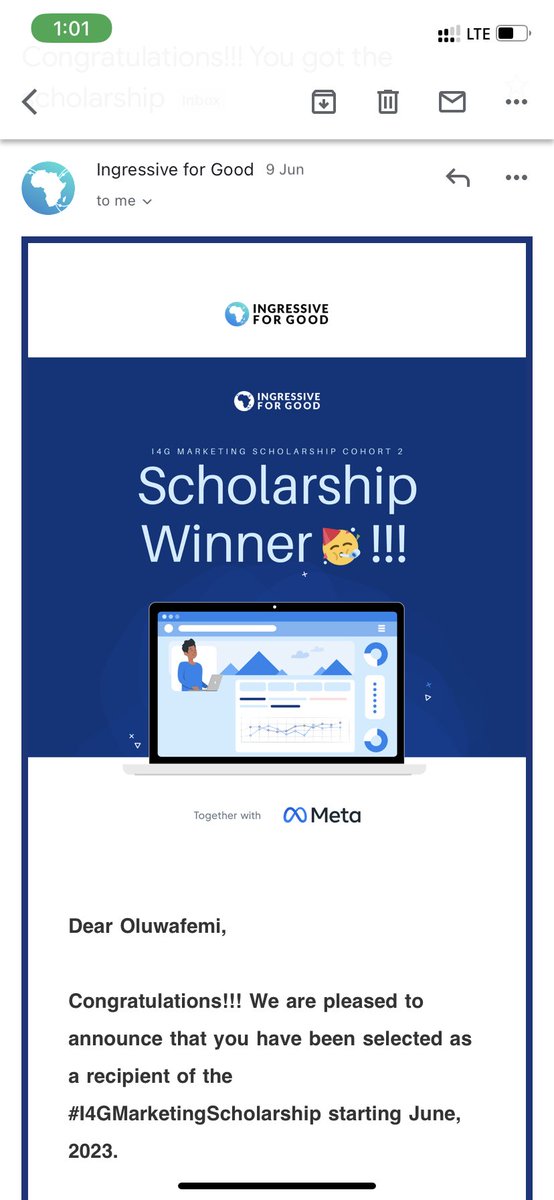 sisifemi_'s tweet photo. I just won the #I4GMarketing Scholarship. I'll be embarking on a journey to learn and build a career in Social Media Marketing with @ingressive4Good and @meta https://t.co/r5ADNUq6rd