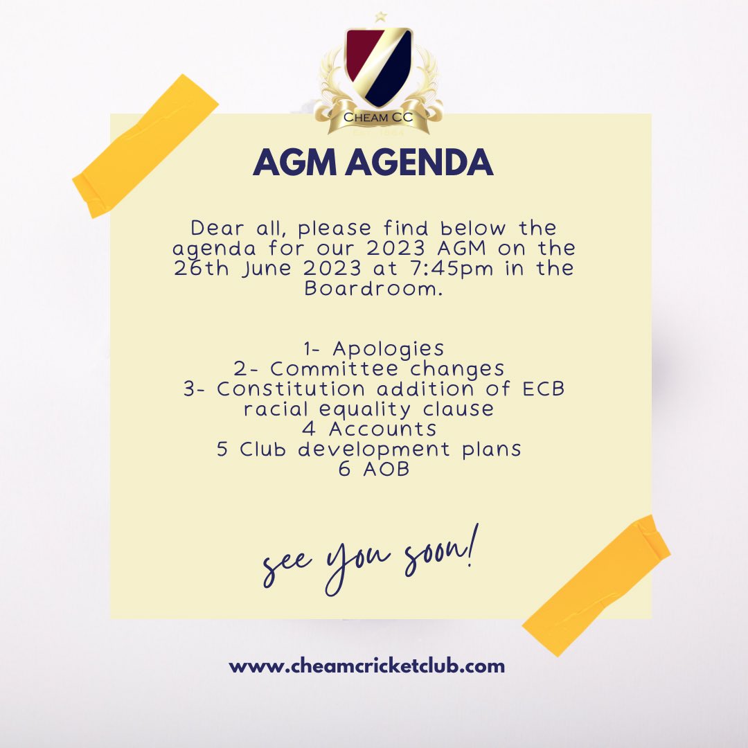 Cheam Cricket Club (@cheam_cc) on Twitter photo Quick reminder that our AGM is on Monday! 
Some of our key talking points are below ๐๐ฝ
We hope to see you all there on Monday at the sports club ๐ Quick reminder that our AGM is on Monday! 
Some of our key talking points are below ๐๐ฝ
We hope to see you all there on Monday at the sports club ๐