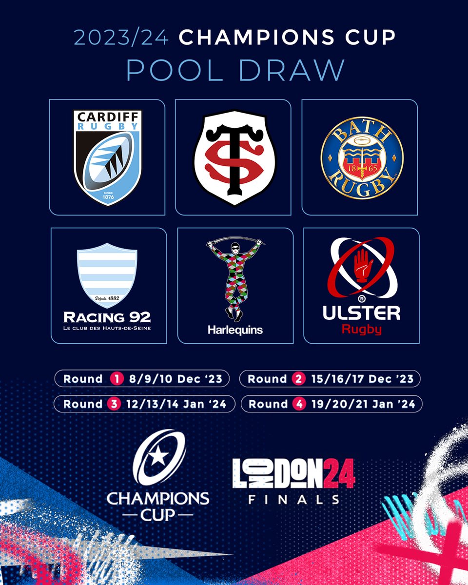 🔵 Pool Draw ⚫️

We have been drawn alongside @StadeToulousain @BathRugby @racing92 @Harlequins and @UlsterRugby