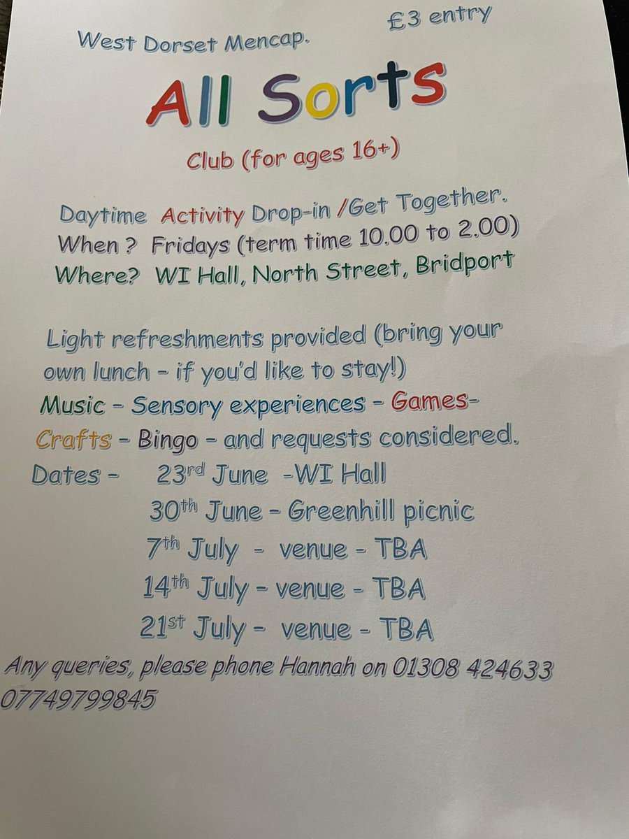 Dates for the next All Sorts club below….please note that during June and July the club will be out and about so please contact Hannah to check venue details.
