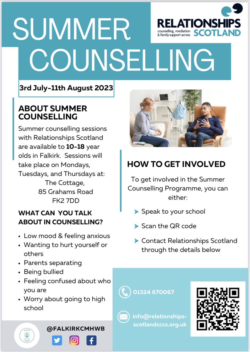 The Cottage - Falkirk (@cottagefalkirk) on Twitter photo Summer counselling sessions are going to be taking place at <a href="/CottageFalkirk/">The Cottage - Falkirk</a> this summer.
⬇️See below for more details ⬇️ <a href="/YvonneFultonASN/">Yvonne Fulton</a> <a href="/ASNFalkirk/">Falkirk Council ASN Service</a> <a href="/dwellsASN/">David Wells</a> <a href="/FCFrancesLT/">Frances L-T</a> <a href="/CSCommsFalkirk/">Children's Services</a> <a href="/FCLisaMcCabe/">Lisa McCabe</a> Summer counselling sessions are going to be taking place at <a href="/CottageFalkirk/">The Cottage - Falkirk</a> this summer.
⬇️See below for more details ⬇️ <a href="/YvonneFultonASN/">Yvonne Fulton</a> <a href="/ASNFalkirk/">Falkirk Council ASN Service</a> <a href="/dwellsASN/">David Wells</a> <a href="/FCFrancesLT/">Frances L-T</a> <a href="/CSCommsFalkirk/">Children's Services</a> <a href="/FCLisaMcCabe/">Lisa McCabe</a>