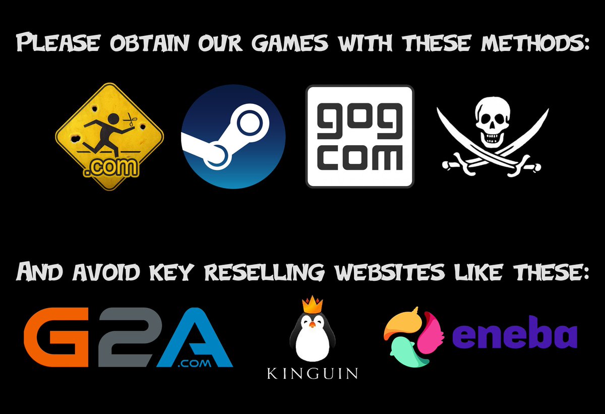 RWSstudios's tweet photo. Key reselling websites hurt indie developers like us. There are many ways to obtain our games and we STILL prefer piracy over people buying from those websites.

Illegaly obtained keys are a source of money for scammers and it could even affect you as the customer in some cases. https://t.co/1I8towQQ8V