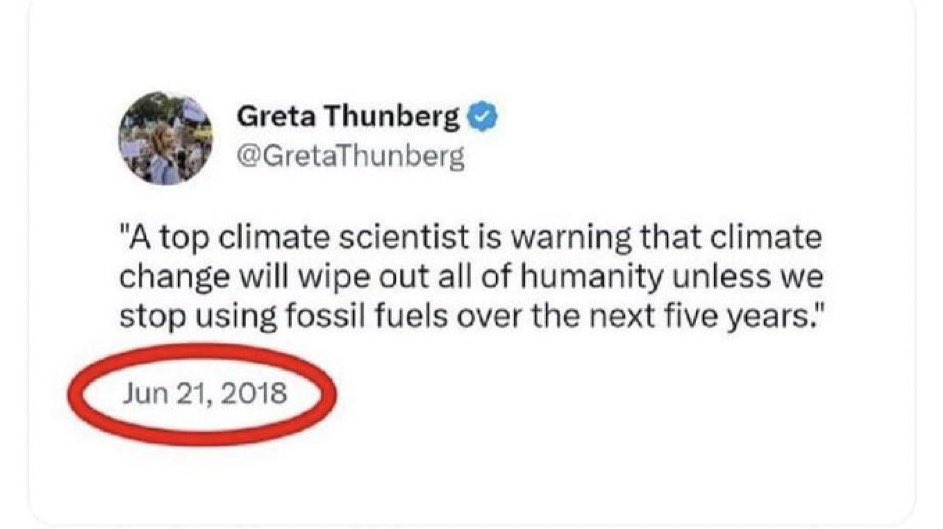 MNavarroGenie's tweet image. Got your affairs in order? Today is the day. Time is up for St @GretaThunberg's prophesy that "climate change [would] wipe out all of humanity" if we didn't stop using hydrocarbon fuels. Just a few more hours left. #ThunbergDoom #climateApocalypse
