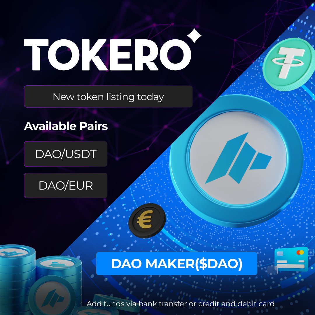 🔸 NEW LISTING 🔸
  <a href="/daomaker/">DAO Maker</a>  ($DAO) gets listed on #TOKERO 📢  
▫️Available pairs to trade:  $DAO/$USDT  $DAO/EUR ▫️Trading: June 21th 2023   

👉 You can now buy $DAO directly using bank transfers or your credit/debit card!👉 tokero.com