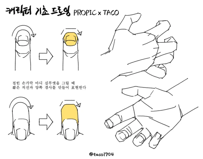 접힌 손가락 실루엣을 그릴 때 짧은 직선과 양쪽 경사를 만들어 표현한다